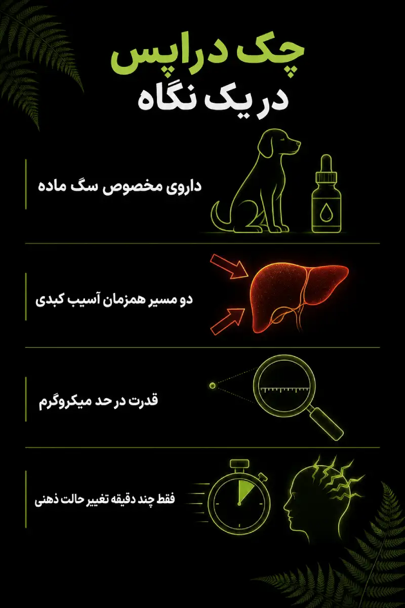 اینفوگرافیک چک دراپس میبولرون: داروی مخصوص سگ ماده، دو مسیر آسیب کبدی، قدرت در حد میکروگرم و اثر کوتاه‌مدت