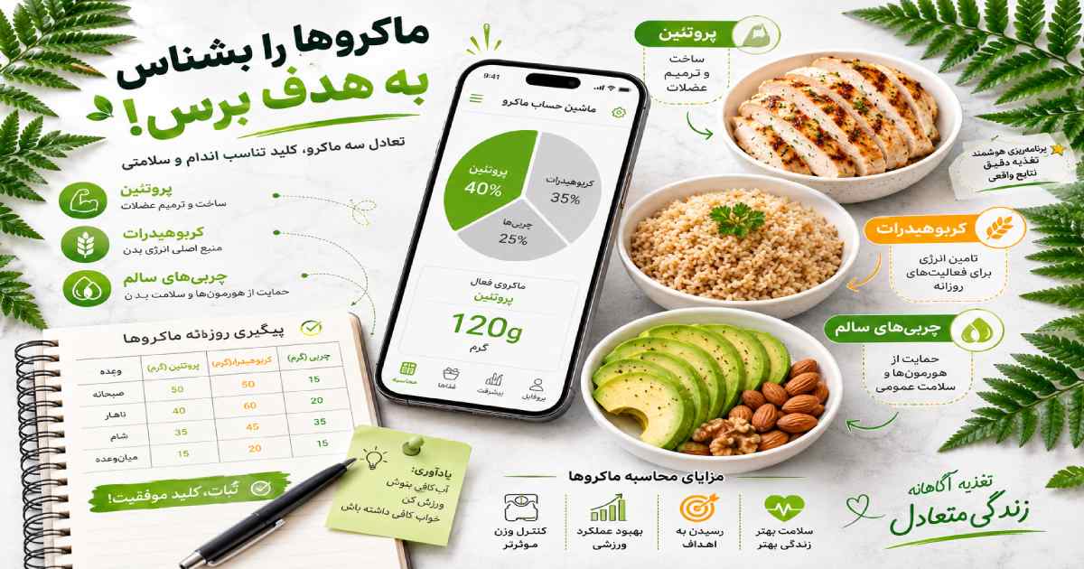 اینفوگرافیک راهنمای ماکروها - پروتئین، کربوهیدرات و چربی روزانه | بدن فیت