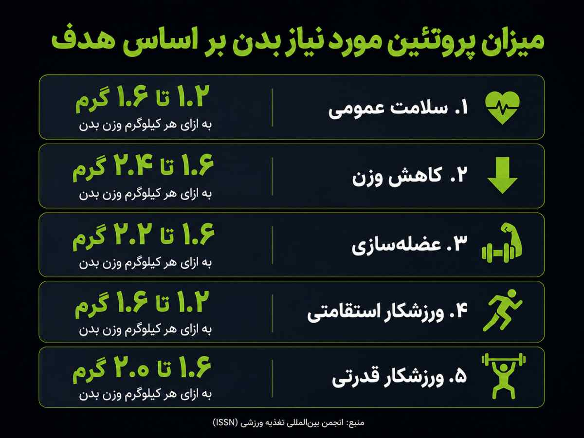 اینفوگرافی میزان پروتئین مورد نیاز بدن بر اساس هدف: سلامت عمومی، کاهش وزن، عضله‌سازی و ورزشکاران